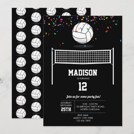 Invitation Volleyball Ball & Net Black Anniversaire Party (Devant / Derrière)