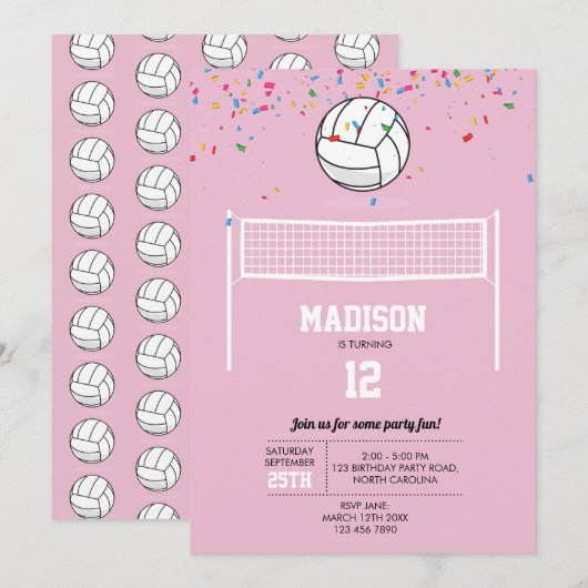 Invitation Volleyball Ball & Net Rose Girl Anniversaire (Devant / Derrière)