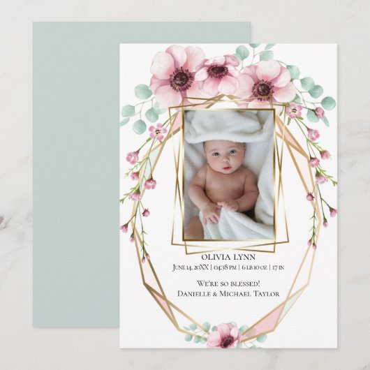 Invitation Votre bébé Photo Fleurs de printemps fraîches et F (Devant / Derrière)