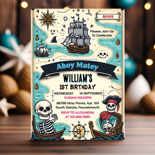 Invitation Votre Cool Enfants Drapeau Bateau Pirate 1er anniv