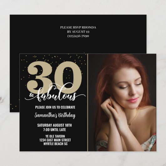 Invitation Votre Photo Black Gold 30 Fabuleux fête d'annivers (Devant / Derrière)