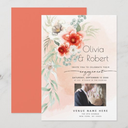 Invitation Votre photo Coral Aquarelle Fiançailles (Devant / Derrière)