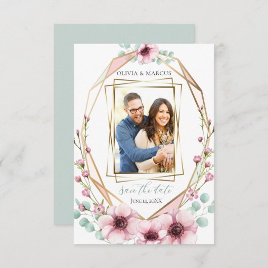 Invitation Votre Photo Fleurs d'anémones rose Eucalyptus (Devant / Derrière)