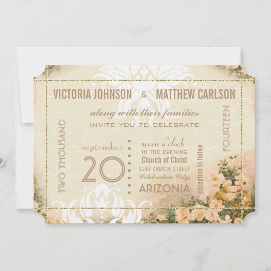 Invitation Votre Rose photo Gold Damask Floral Mariage (Devant)