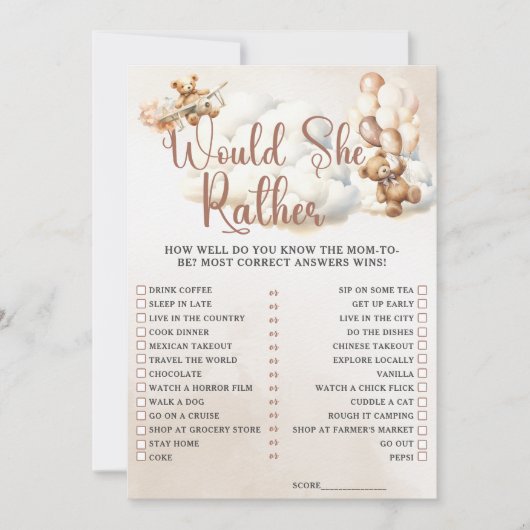 Invitation VOUDRAIT-ELLE PLUTÔT Baby shower Jeu mignonne Oear (Devant)