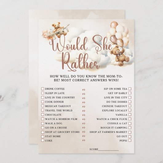 Invitation VOUDRAIT-ELLE PLUTÔT Baby shower Jeu mignonne Oear (Devant / Derrière)