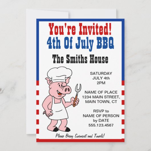 Invitation Vous êtes invité au BBQ du 4 juillet Cartoon Pig (Devant)