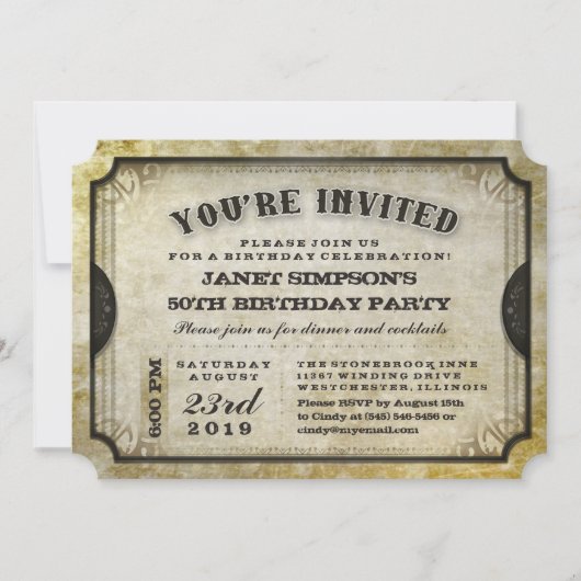 Invitation Vous êtes Invited Gold Antique Ticket Anniversaire (Devant)