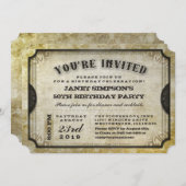 Invitation Vous êtes Invited Gold Antique Ticket Anniversaire (Devant / Derrière)