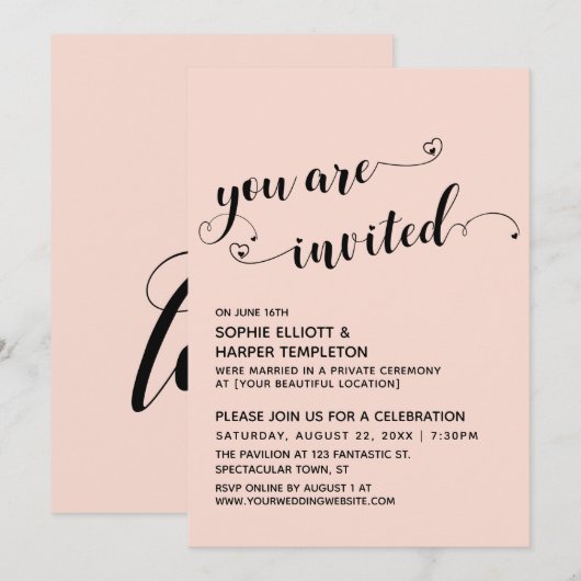 Invitation Vous êtes invités Hearts Script Blush Réception se (Devant / Derrière)