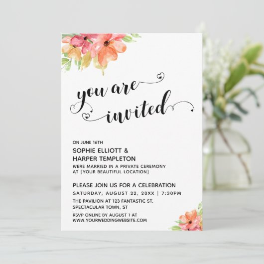 Invitation Vous êtes invités Hearts Script Boho Florals (Debout devant)