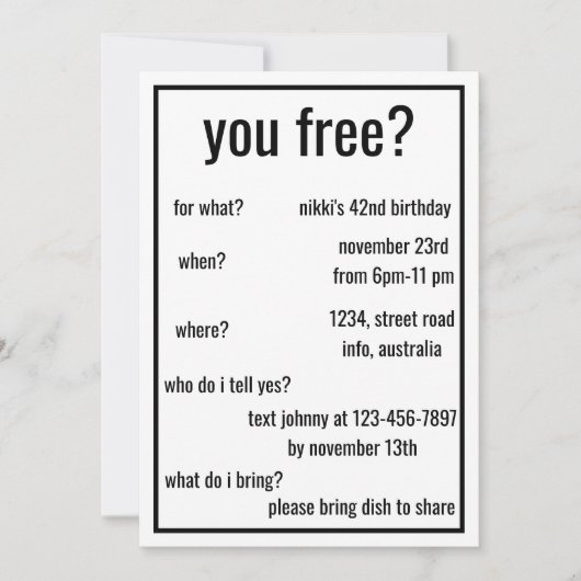 Invitation Vous Êtes Libre ? Amusant Simple Anniversaire Mini (Devant)