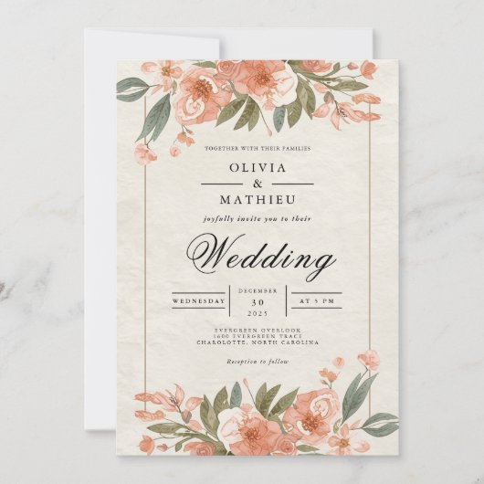 Invitation Voûte de mariage florale corail tendre (Devant)