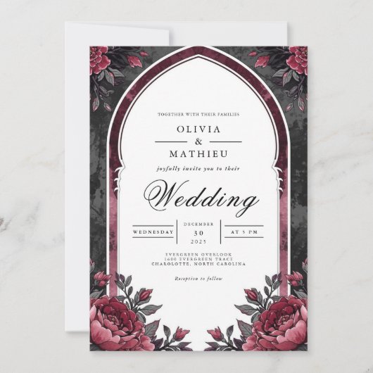 Invitation Voûte florale de prune profonde pour mariage (Devant)