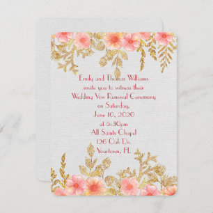 Invitation Vow Renewalpink floral et bordé de feuilles d'or