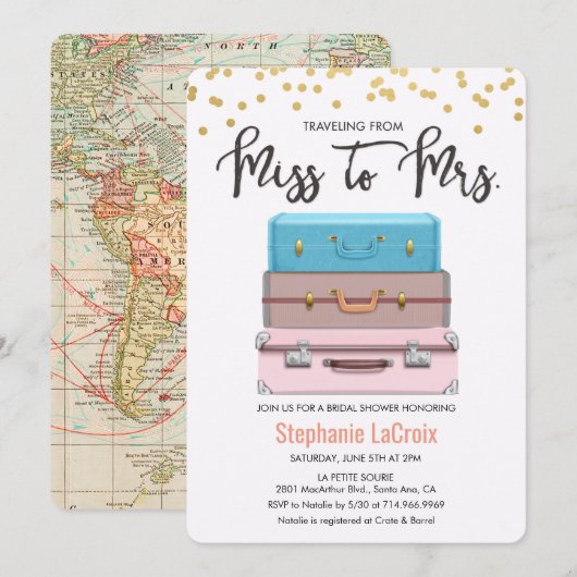 Invitation Voyage de Mlle à Mme Fête des mariées Invitati (Devant / Derrière)