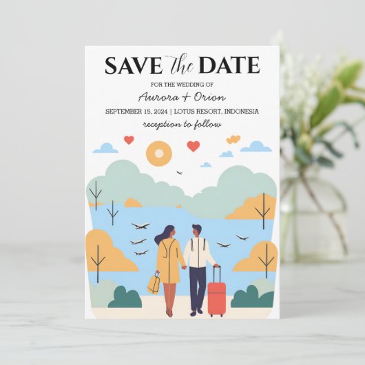 Invitation voyage destination mariage enregistrer la date (Debout devant)