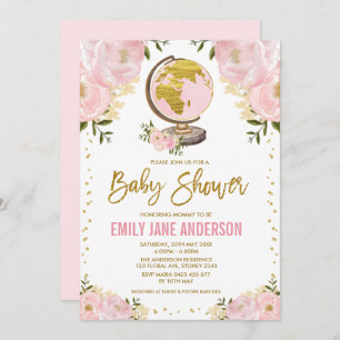 Invitation Voyage fille Baby shower rose or or aventure flora