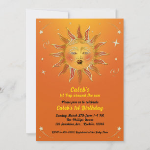 Invitation Voyage jaune orange autour du soleil 1er anniversa
