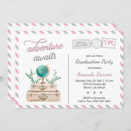 Invitation Voyage Suitcase Graduation Party Aventure Attend (Devant / Derrière)