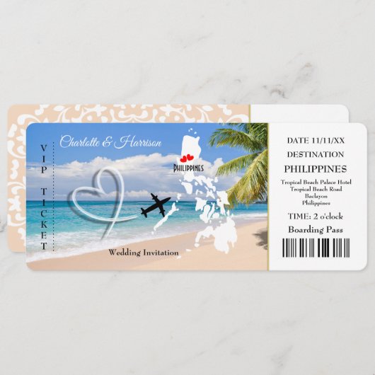 Invitation Voyage Ticket Destination Mariage Philippines (Devant / Derrière)