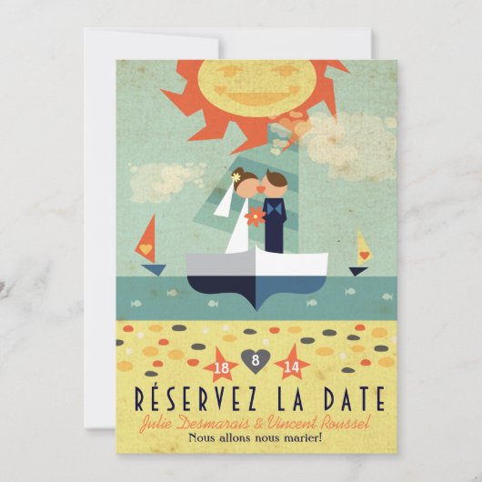 Invitation Voyage Vintage Illustration Voilier Réservez Date (Devant)