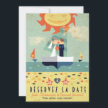 Invitation Voyage Vintage Illustration Voilier Réservez Date<br><div class="desc">Inspiré par les affiches vintages de voyage,  cet amusement la date est un excellent moyen de répandre les bonnes nouvelles au sujet de votre mariage prochain de destination. Pour modifier la couleur de la peau de l'illustré couple ou la couleur des cheveux veuillez contacter le concepteur avec votre demande.</div>