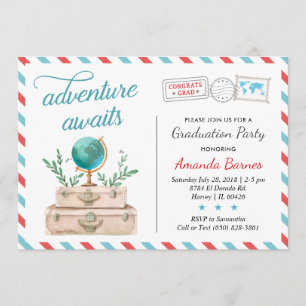 Invitation Voyager Avion Suitcase Graduation Rouge Bleu
