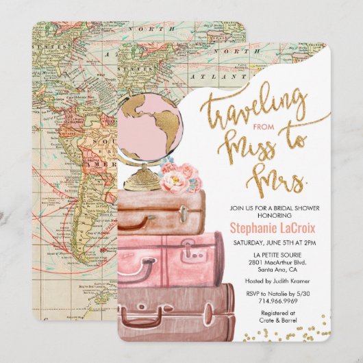 Invitation Voyager de Mlle à Mme Fête des mariées (Devant / Derrière)