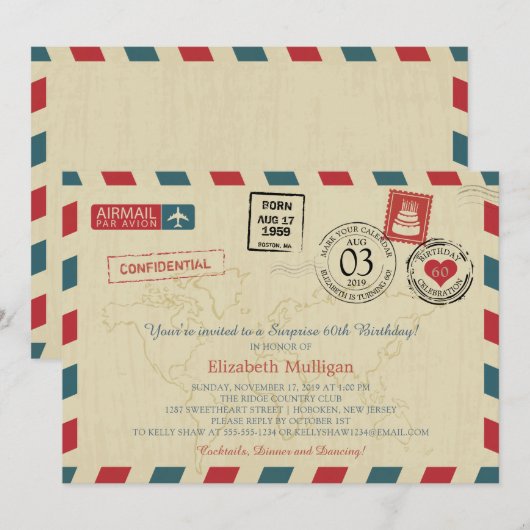 Invitation Voyageur vintage monde Airmail fête d'anniversaire (Devant / Derrière)