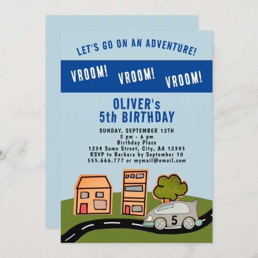 Invitation Vroom Vroom Racing Car Road House Boy Anniversaire (Devant / Derrière)