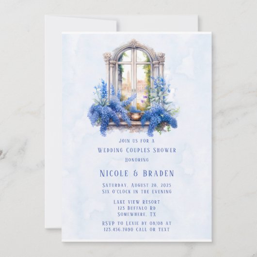 Invitation Vue Eglise Bleu Floral Mariage Couples Douche (Devant)