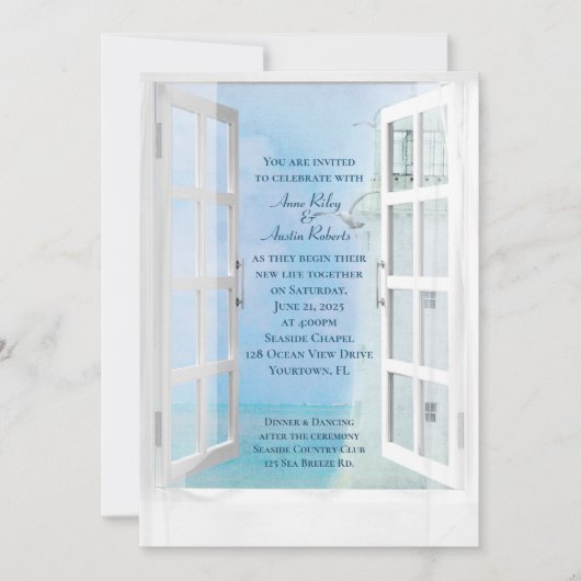 Invitation Vue mariage du phare blanc avec mouettes (Devant)