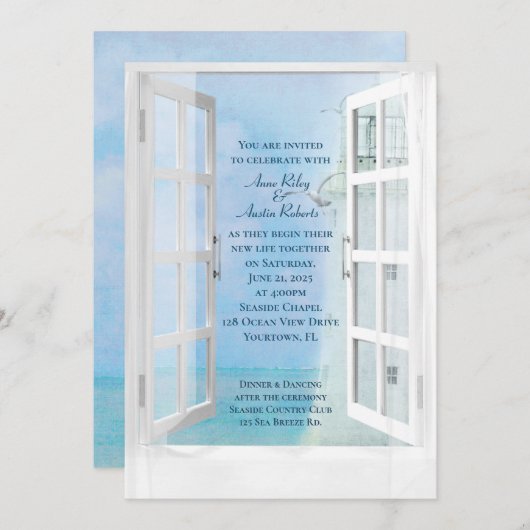 Invitation Vue mariage du phare blanc avec mouettes (Devant / Derrière)