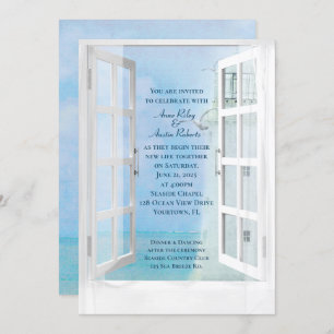 Invitation Vue mariage du phare blanc avec mouettes