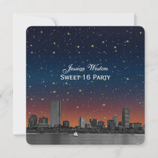 Invitation Vue sur Boston Bleue Étoilée Gravée Sweet 16