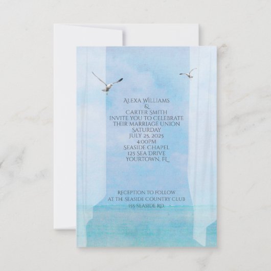 Invitation vue sur la mer avec mariage de coeurs de plage (Dos)