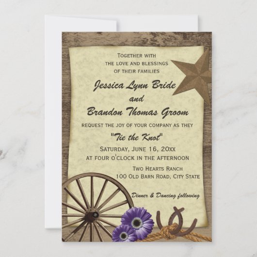 Invitation Wagon Wheel et Mariage campagnard en bois de grang (Devant)