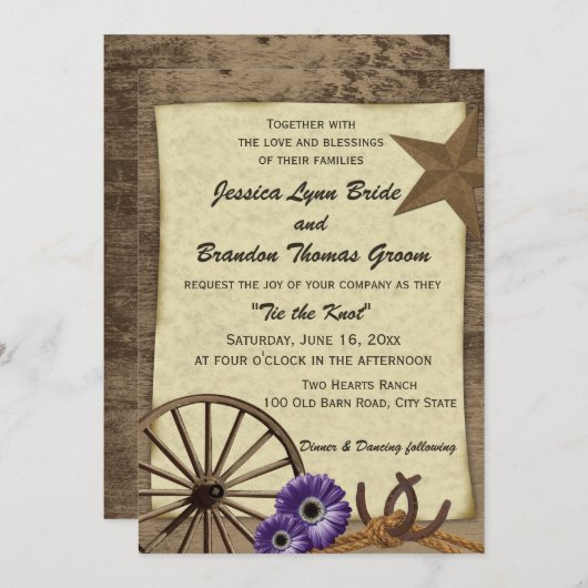 Invitation Wagon Wheel et Mariage campagnard en bois de grang (Devant / Derrière)