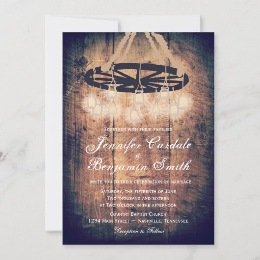 Invitation Wagon Wheel Mason Jar Chandelier Mariage Invite (Devant)