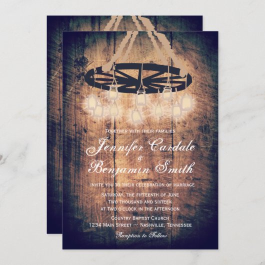 Invitation Wagon Wheel Mason Jar Chandelier Mariage Invite (Devant / Derrière)