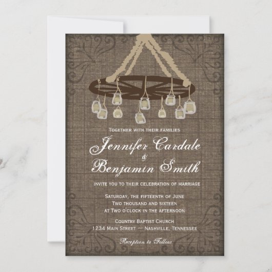 Invitation Wagon Wheel Mason Jar Chandelier Mariage Invite (Devant)