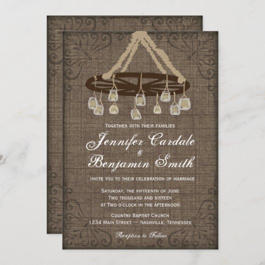Invitation Wagon Wheel Mason Jar Chandelier Mariage Invite (Devant / Derrière)