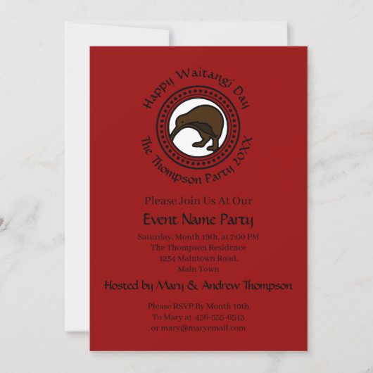 Invitation Waitangi Day peut modifier le texte Nouvelle-Zélan (Devant)