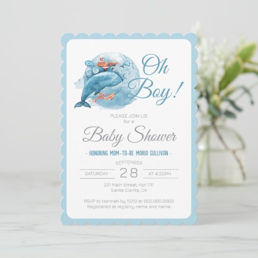 Invitation Wale Watercolor Oh Baby shower garçon (Debout devant)