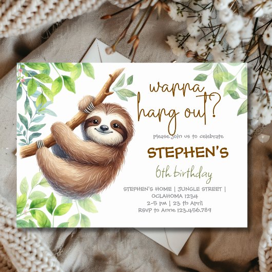 Invitation Wanna hang out? sloth kids birthday