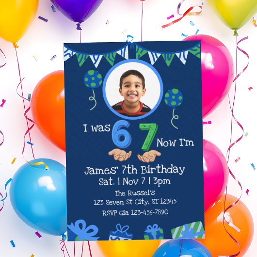 Invitation Was 6 Now 7, Blue Green Picture 7th Birthday