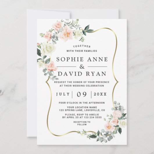 Invitation Wateercolor Blush White Flowers Gold Mariage (Devant)