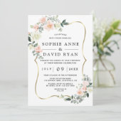 Invitation Wateercolor Blush White Flowers Gold Mariage (Debout devant)