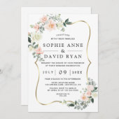 Invitation Wateercolor Blush White Flowers Gold Mariage (Devant / Derrière)